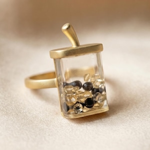 Anillo Bubble Tea / Anillo ajustable de oro de 18 quilates, citrino y espinela negra