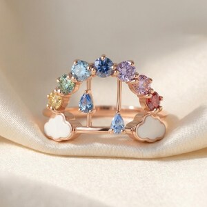 Rainbow’s Promise Ring | Moissanite Rainbow Band | Rose Gold 925 Silver | Dainty Interactive Ring