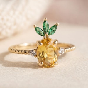 Ananas Citrin Ring: 18k Gold Sterling Silber, verstellbares Band