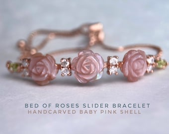 Bed of Roses Handcarved Pink Shell Slider Bracelet, Shell Bracelet, Floral Rose Bracelet, 925 Silver, Natural Shell, Moissanite, Peridot
