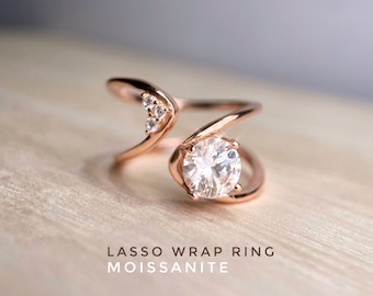 Lasso Wrap Ring, Open Top Ring, White Moissanite Yellow Gold Ring, Rhodolite Silver Ring, 925 Silver, White Moissanite Rose Gold Ring,