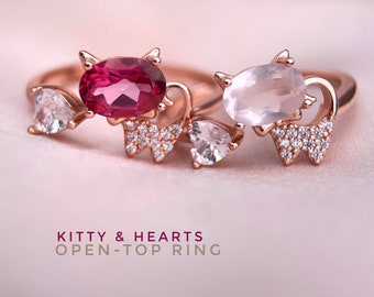 Open Top Kitty Ring, Rose Quartz Ring, Pink Topaz Ring, 925