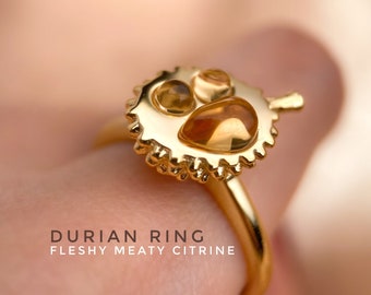 Durian Ring, Durian Citrine Ring, Unique Jewelry, Fruit Ring, Yellow Gold Citrine Ring, Cabochon Citrine Ring, Spiky Ring, Sterling Silver