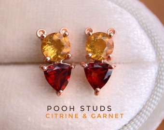 Pooh Studs | Winnie The Pooh Earrings | Garnet & Citrine | Sterling Silver