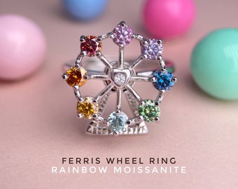 Ferris Wheel Ring, Moissanite Ring, Rainbow Ring, Ferris Wheel 925 Silver, Carousel Ring, Happy Colors Jewelry, Quirky, Joy, Colorful Ring