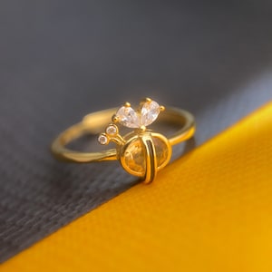 Citrin Bienenring, Natürlicher Citrin, Stapelbarer Ring, Bienenwabenring, Citrinring, Honigbienenring, Gelber Citrin, Gelbgoldring, 925 Silber