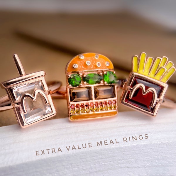 Macdonalds Extra Value Meal Ring, Unique Jewelry, Sterling Silver, Burger Ring, Fries Ring, Soda Ring, Smoky Quartz, Diopside, Garnet,