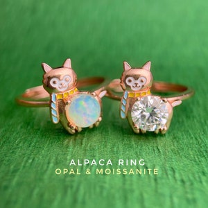 Baby Alpaca Ring, White Moissanite Ring, Animal Ring, Opal Ring, White Jade Ring, Sterling Silver, Cute Alpaca Ring, Alpaca Scarf Ring,
