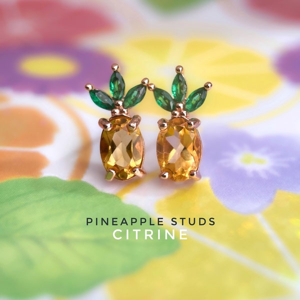 Pineapple Citrine Studs, Citrine Earrings, Petite 925 Silver Studs, Fruit Earrings, Rose Gold Citrine Studs, Sterling Silver Citrine Studs