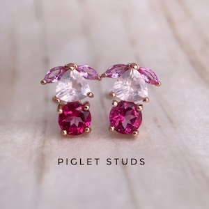 Piglet Earrings, Piglet Pooh Ear Studs, Cute Studs, Daily Wear Earrings, Rose Gold Rose Quartz Studs, Pink Topaz Earrings, Sterling Silver
