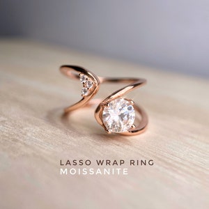Lasso Wrap Ring, Open Top Ring, White Moissanite Yellow Gold Ring, Rhodolite Silver Ring, 925 Silver, White Moissanite Rose Gold Ring,