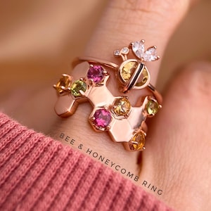 Waben Citrin Ring, Waben Edelsteine Ring, Natürlicher Citrin, Turmalin, Peridot, Rhodolith, Rotgold Ring, Gelbgold, 925 Silber
