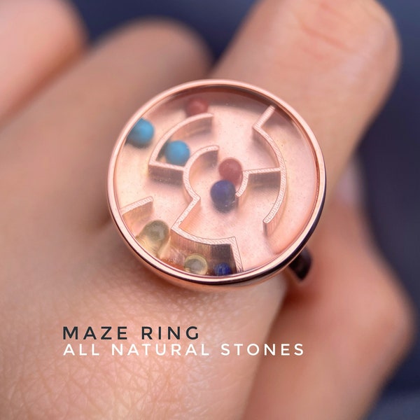 Maze Ring, Interactive Jewelry, Puzzle Ring, Fidget Spinner Ring, Ball In A Maze, Sterling Silver, Rose Gold, Fun Ring, Creative Ring Design