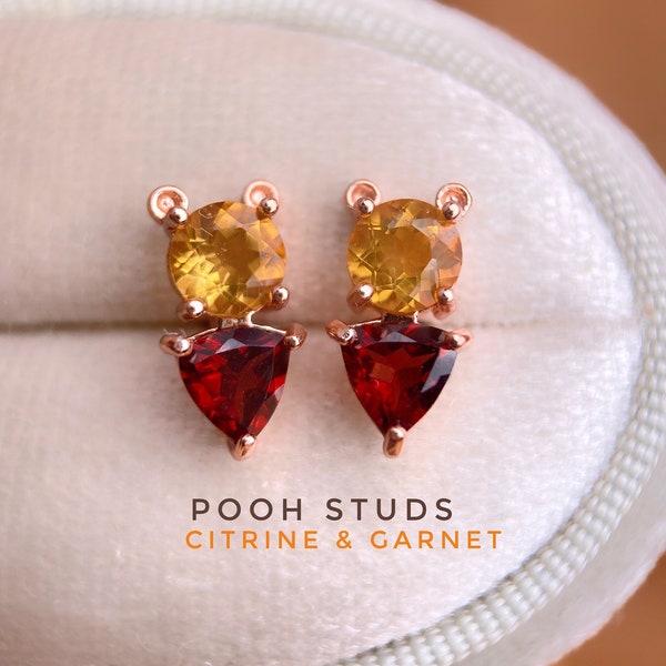 Pooh Studs, Citrine Garnet Earrings, Winnie The Pooh Ear Studs, 925 Silver Studs, Cartoon Earrings, Natural Gems, Garnet Studs, Rose Gold