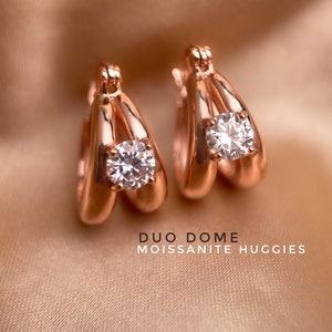 Duo Dome White Moissanite Huggies, Classic Hoop Earrings,  White Moissanite Earrings, 925 Sterling Silver, Modern Moissanite Hoop Earrings,