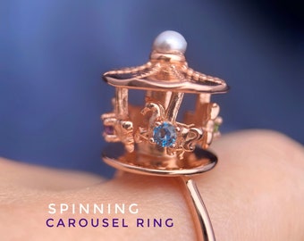Spinning Carousel Ring, Fidget Spinner Jewelry, Fidget Spinner Ring, Interactive Ring, Natural Gemstones, London Blue Topaz, Diopside Ring