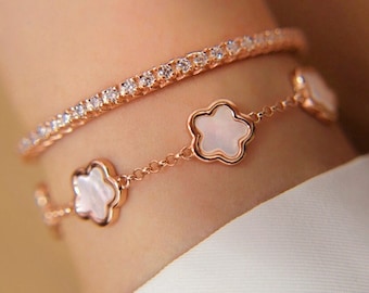 Flower Mother-of-Pearl Bracelet, Daisy Bracelet, Flower Bracelet, Pearl Rose Gold Bracelet, 925 Silver, Natural Mother-of-Pearl, Feminine