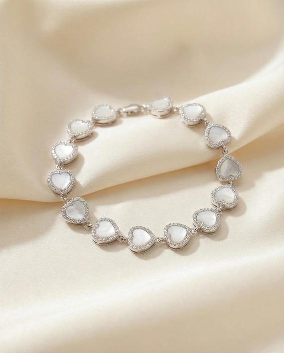 Rose Gold Mother of Pearl Heart Bracelet: 925 Sterling Silver