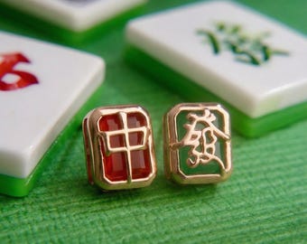 Puces d'oreilles mahjong tuile | Argent 925, agate, bijoux culturels