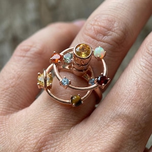 Spinning Planet Ring | Gemstone & Moissanite, 925 Silver Gold-Plated