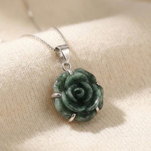 Handcarved Type A Jadeite Rose Necklace: Sterling Silver, Rose Gold