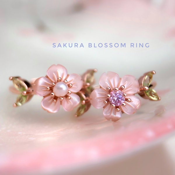 Sakura Ring, Floral Ring, Rose Gold Cherry Blossom Ring, Petal Ring, Flower Blossom Ring, Pastel Pink Ring, Natural Shell Ring, Natural Gems