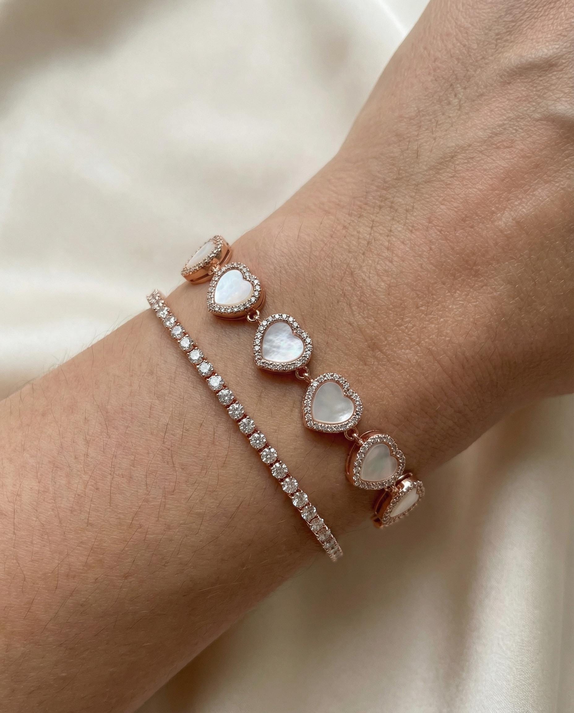 Rose Gold Mother of Pearl Heart Bracelet: 925 Sterling Silver