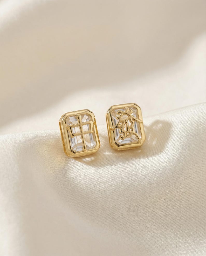 Puces d'oreilles mahjong tuile | Argent 925, plaqué or, topaze blanche image 1