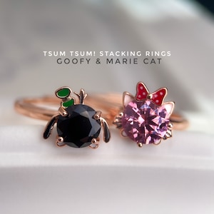 Marie Cat-ring, roze moissaniet-ring, roségouden ring, 925 zilveren ring, personagering, cartoonring, ring witte kat, Marie Cat-sieraden