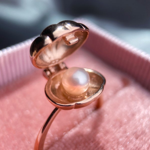 Seashell Ring, Freshwater Pearl Ring, Shell Pearl Ring, Polly Pocket Ring, Open Close Ring, Fun Jewelry, 925 Silver, Rose Gold Pearl Ring