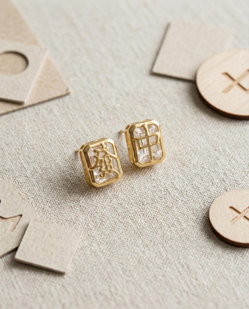 Puces d'oreilles mahjong tuile | Argent 925, plaqué or, topaze blanche image 3
