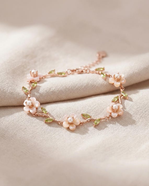 Beautiful 3 strand faux peach pearls floral abalone bracelet/hair accessory. Amazon.com : 1 pcs Rabithenn Pink Peach Blossom with Leaves  main image 4