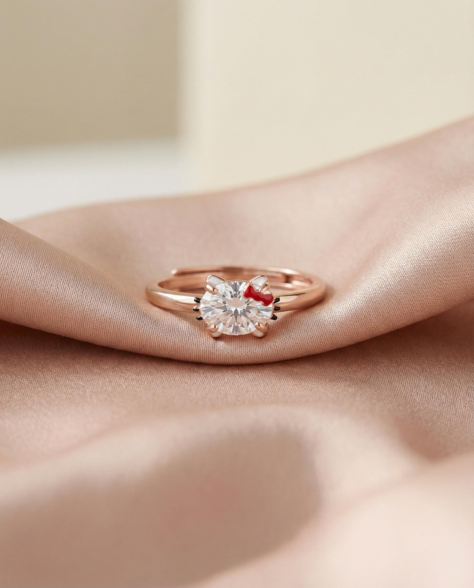 Hello Kitty Moissanite Ring: 18K Rose Gold 925 Silver, Oval Hello Kitty Moissanite Ring: 18K Rose Gold 925 Silver, Oval