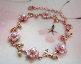 Cherry Blossom Bracelet, Sakura Twig Bracelet, Floral Rose