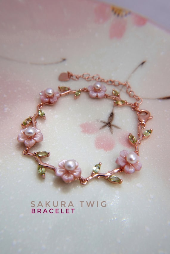 Cherry Blossom Bracelet, Sakura Twig Bracelet, Floral Rose