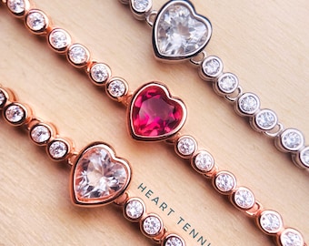 Heart Tennis Bracelet, Bezel Tennis Bracelet, Pink Topaz Heart, White Topaz Tennis Bracelet, Heart Gem Bracelet, Sweet Jewelry, 925 Silver