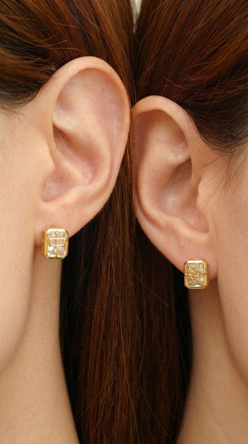 Puces d'oreilles mahjong tuile | Argent 925, plaqué or, topaze blanche image 6