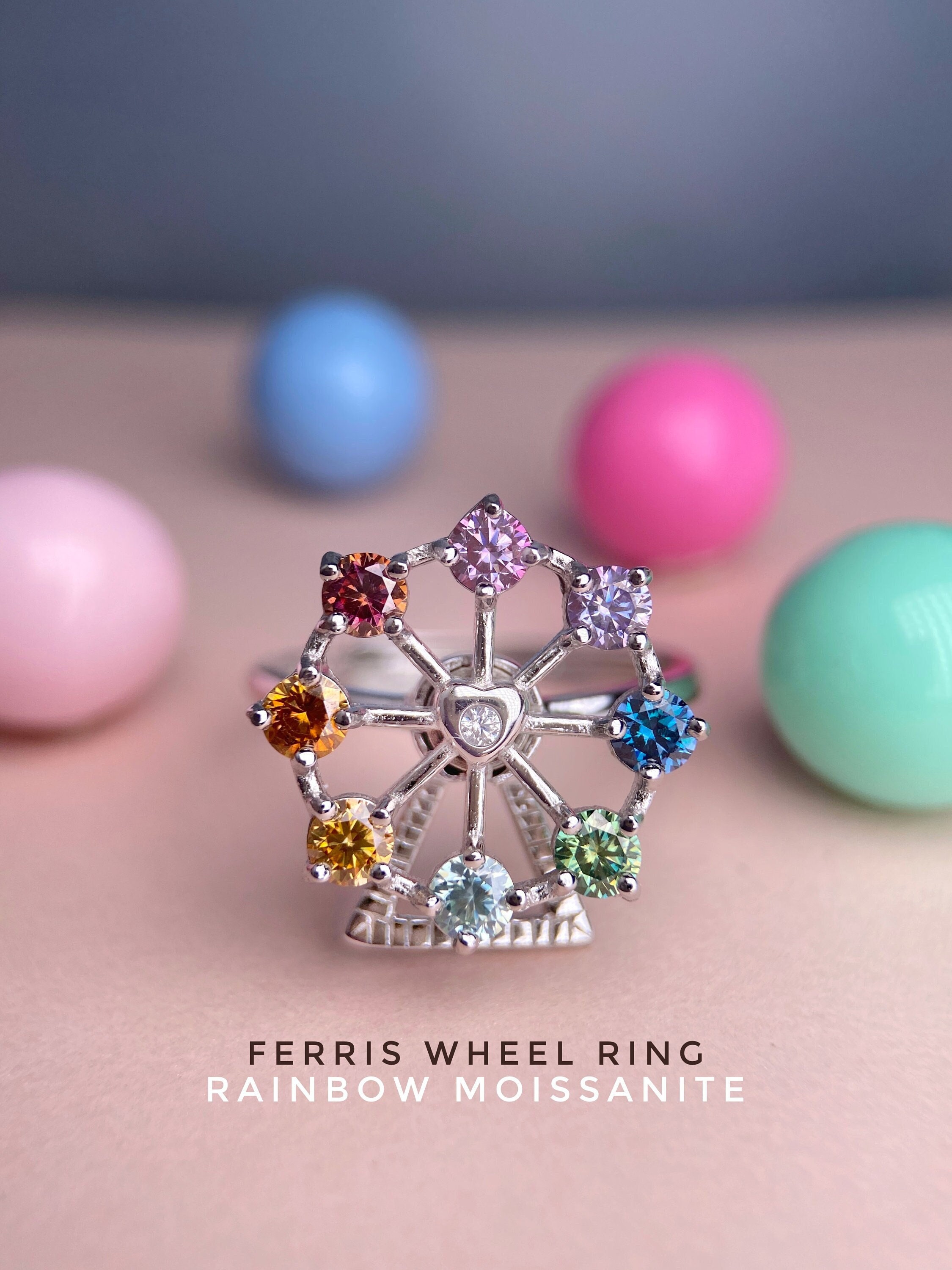 Ferris Wheel Ring Moissanite Ring Rainbow Ring Ferris Wheel 925 Silver Carousel Ring Happy Colors Jewelry Quirky Joy Colorful Ring