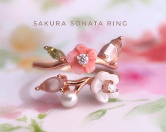 Sakura Sonata Ring, Floral Ring, Petal Ring, Flower Blossom Ring, Natural Shell Ring, Rose Quartz, Peridot, Freshwater Pearl, Moissanite