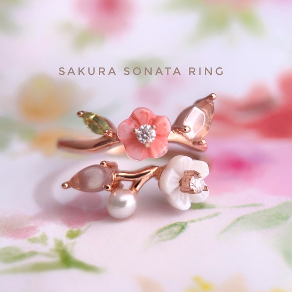 Sakura Sonata Ring, Floral Ring, Petal Ring, Flower Blossom Ring, Natural Shell Ring, Rose Quartz, Peridot, Freshwater Pearl, Moissanite