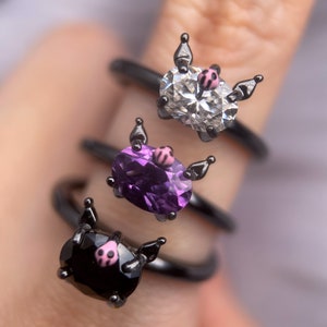 Kuromi Tsum Ring, Natural Amethyst Ring, Black Gold Ring, 925 Silver Ring, Character Ring, Cartoon Ring, Kuromi Jewelry, Kuromi Ring,