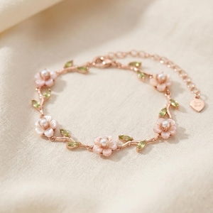 Sakura Twig Bracelet | Mother of Pearl & Peridot | 925 Silver Gold-Plated | Delicate Floral Jewelry Gift