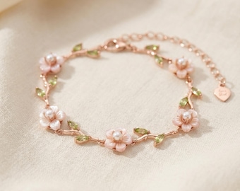 Sakura Twig Bracelet | Mother of Pearl & Peridot | 925 Silver Gold-Plated | Delicate Floral Jewelry Gift