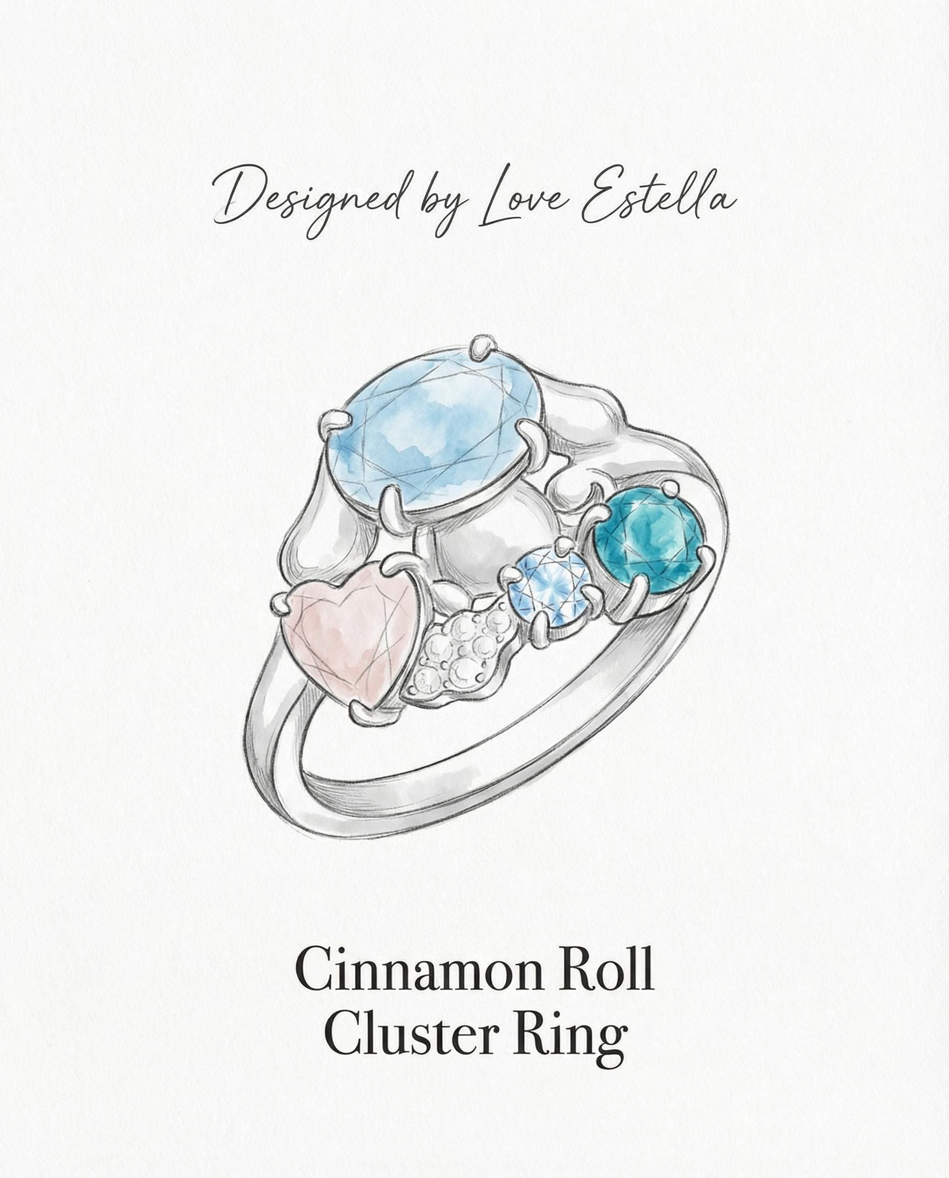 Cinnamoroll Ring, Sky Blue Topaz, Rose Quartz, Moissanite, 925 
