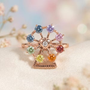 Spinning Ferris Wheel Ring: Rainbow Moissanite & 925 Silver Adjustable Statement Ring • Gift for Her