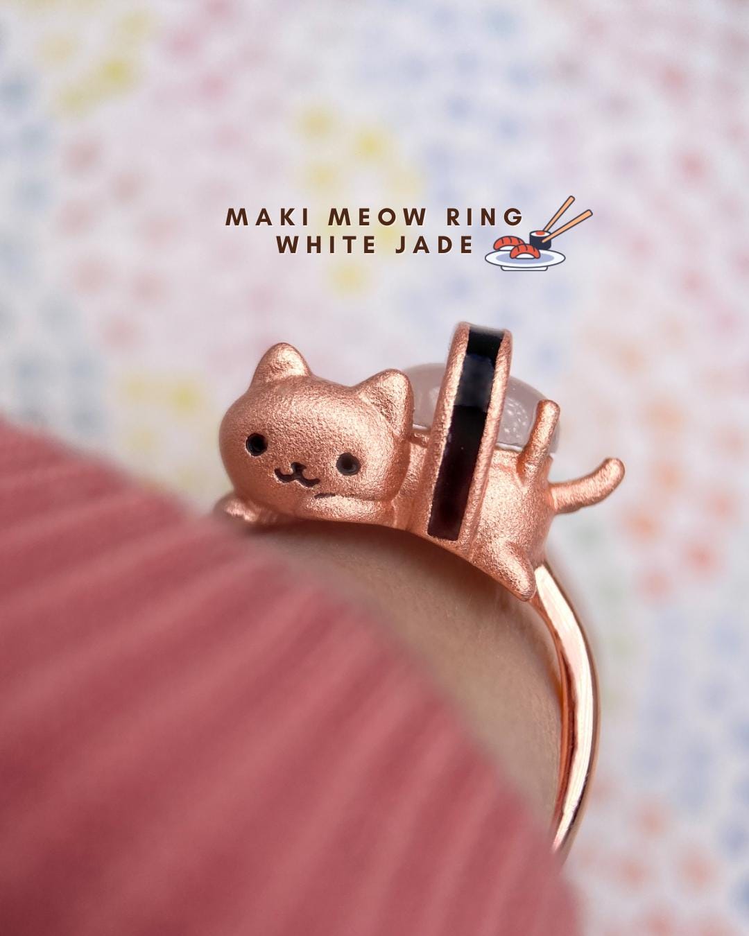 Sushi Cat Ring: White Jade, 925 Silver, Adjustable Kitten Jewelry