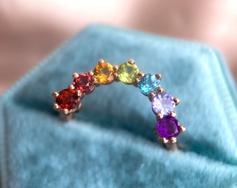 Natural Gemstone Rainbow Ring, Rose Gold Ring, 925 Silver, Garnet, Rhodolite, Citrine, Peridot, Sky Blue Topaz, Tanzanite, Amethyst Ring