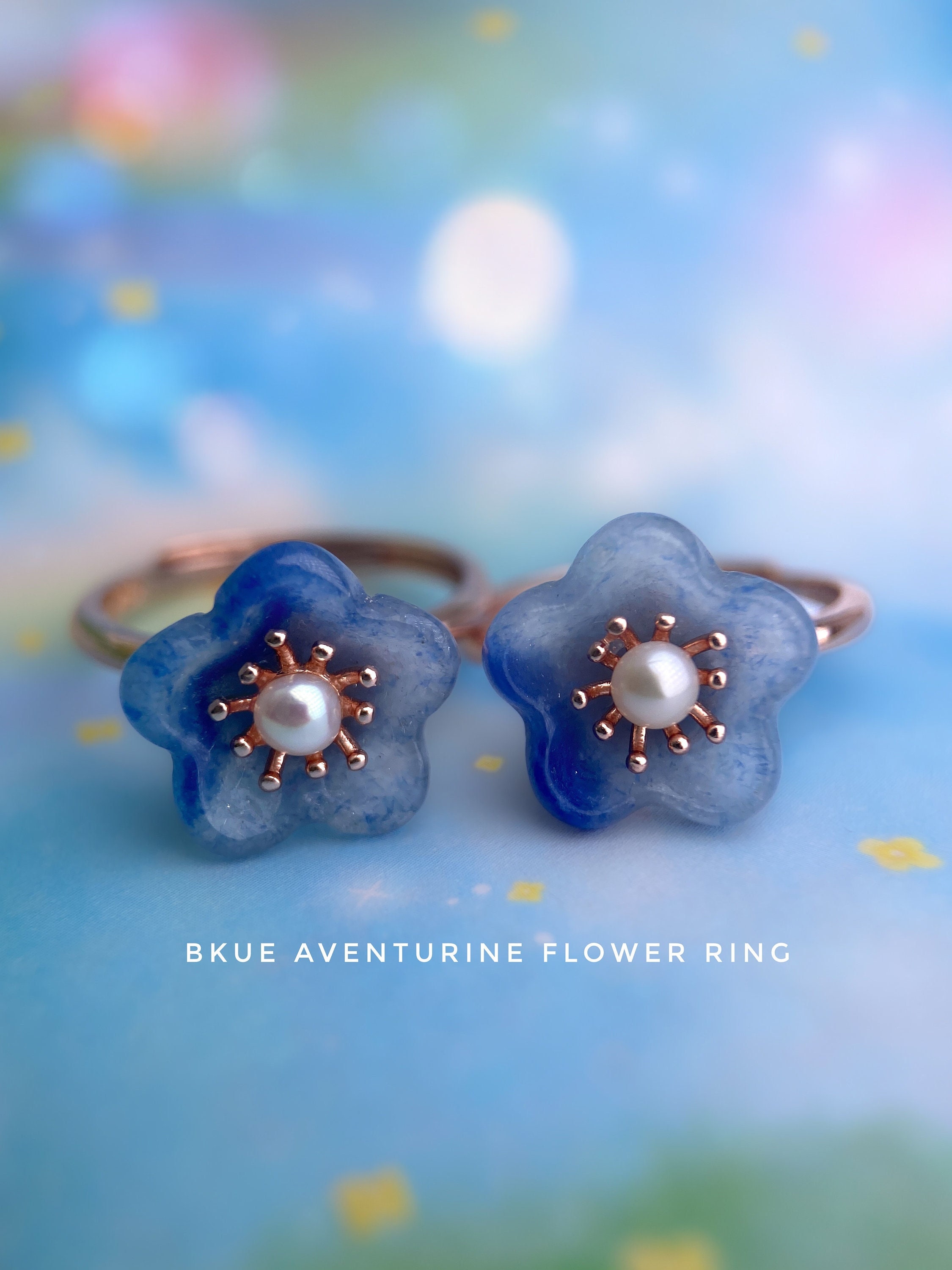 Blue Aventurine & Freshwater Pearl Flower Ring, Floral Ring, Petal Ring, Flower Blossom Ring, Natural Freshwater Pearl, Natural Aventurine
