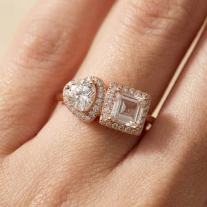 Heart Moissanite Asscher White Topaz Ring, Toi Et Moi Two Stone 925 Sterling Silver Halo Band, Duality Adjustable Double Gemstone Gift