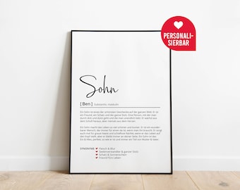 Sohn Definition | Personalisiertes Poster | Geschenk | Familie | Geburtstagsgeschenk | Weihnachten | Danke | Wörterbuch | Skandinavisch